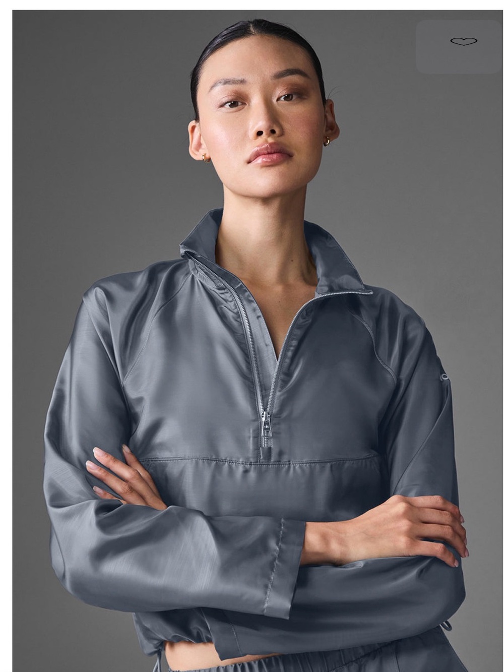 ALO Yoga Satin-Look Gray Half-Zip Crop Top NWT